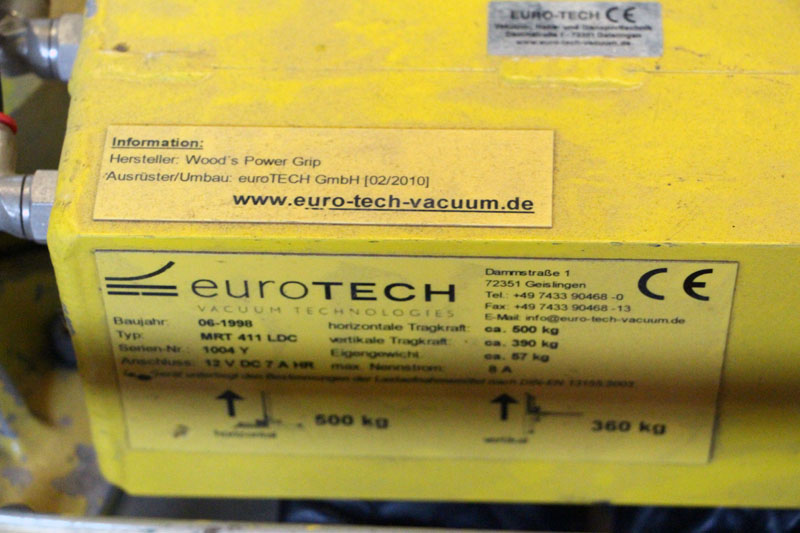 This euroTECH type plate is attached to the converted Woods vacuum lifter.