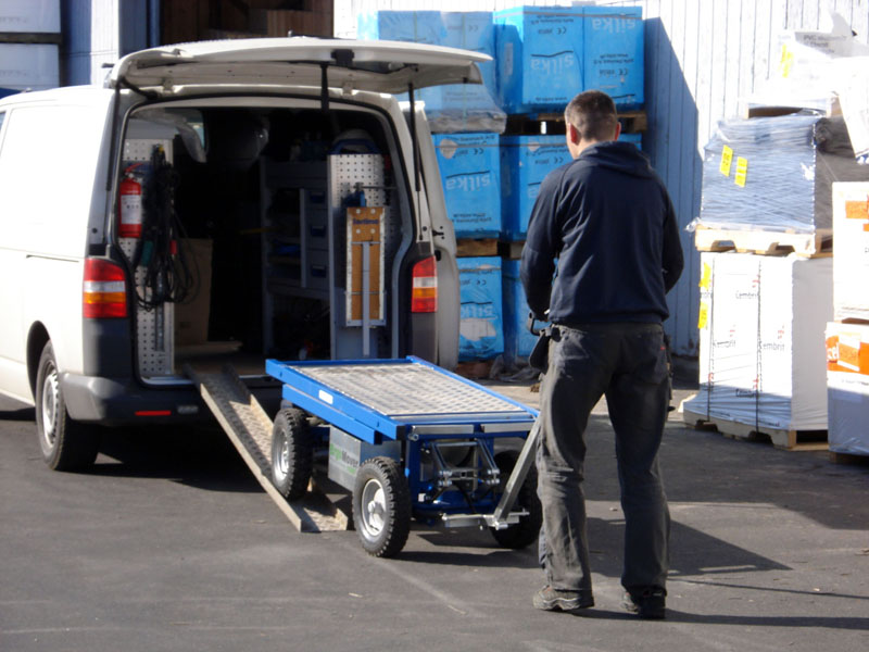 The ErgoMover LIFT & GO electric transport trolley in use