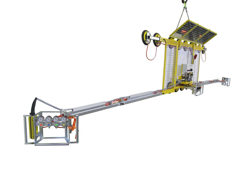 The Kombi 7001-AB vacuum lifting device is intended for glass storage. The original single-row vacuum lifting device was extended with a guide handle and at least two suction cups suspended at a lower point. This means that plate materials measuring up to 6 metres in width can be moved around while suspended vertically.