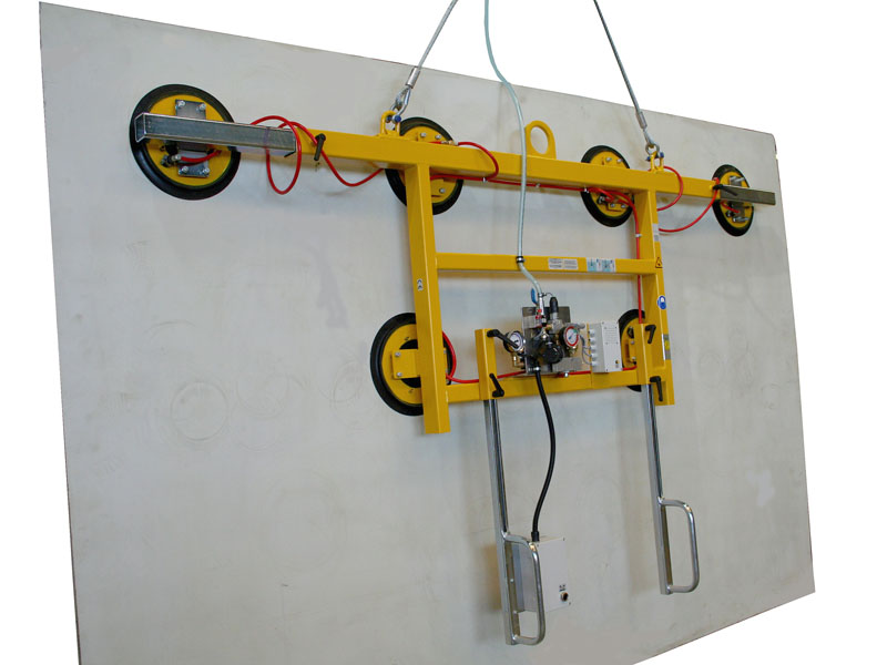 Vacuum lifter 7005-AB is intended for use in the glass store and for insulation glass production. This means that plate materials measuring up to 6 metres in width can be moved around while suspended vertically.