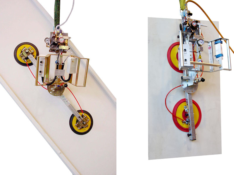 This vacuum lifting device can be turned through +/-360 degrees. Furthermore, the spacing between suction cups can be changed. This is very important in the production of windows.